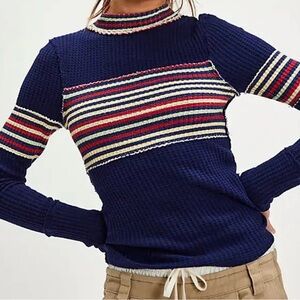 Free People We The Free Sz:L Waffle Knit Mock Neck Striped Thermal Raw seams Top